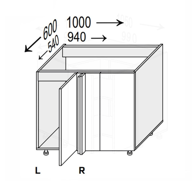 Кухонна секція нижня Міленіум Кут Н 90° 1000х600/820 1дв Права ML-098W/9003R MiroMark