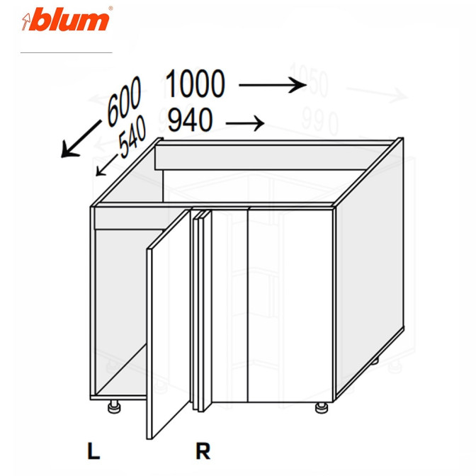 Кухонна секція нижня Міленіум Кут Н 90° 1000х600/820 1дв Pro Blum Права ML-099W/9003R MiroMark